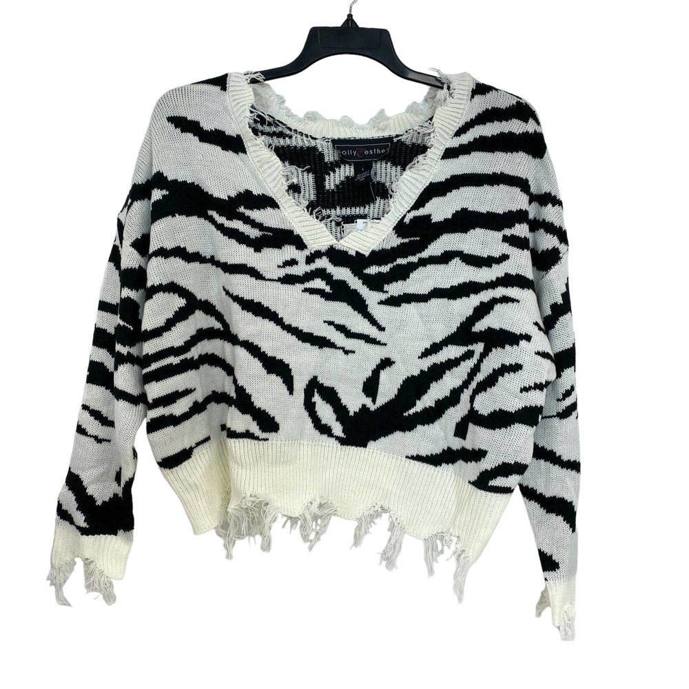 Polly & Esther Womens Ivory Zebra Black Animal-Print V-Neck Sweater Size L $44